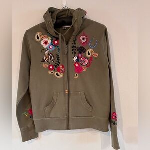 Embroidered Olive Green Hoodie With Fun Appliqués Women's Size XL